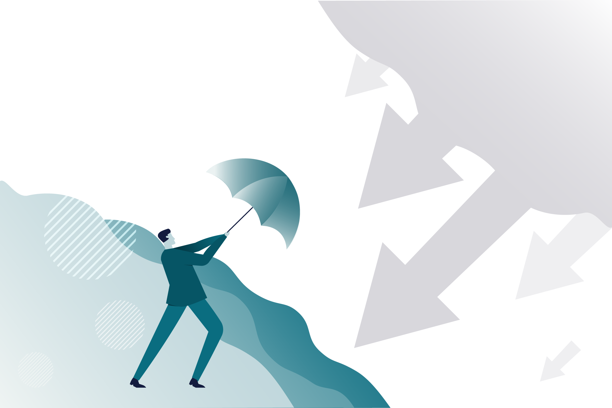 A man holding an umbrella towards many dropping down gray arrows. Digital lending company employee strategizes against economic recession.