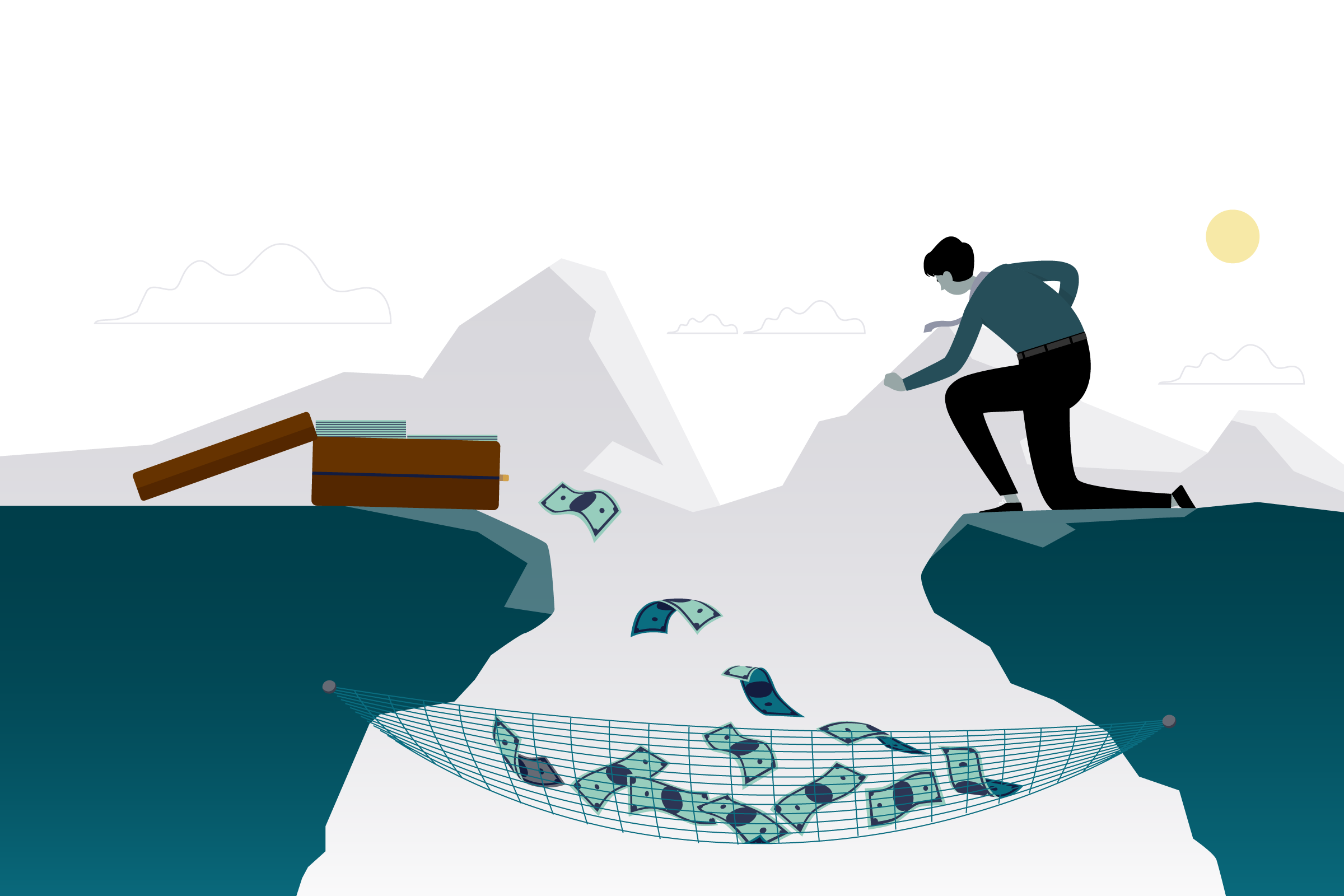 An investor man standing on the right-side cliff tries to save his money flowing from a briefcase that is on a left-side cliff